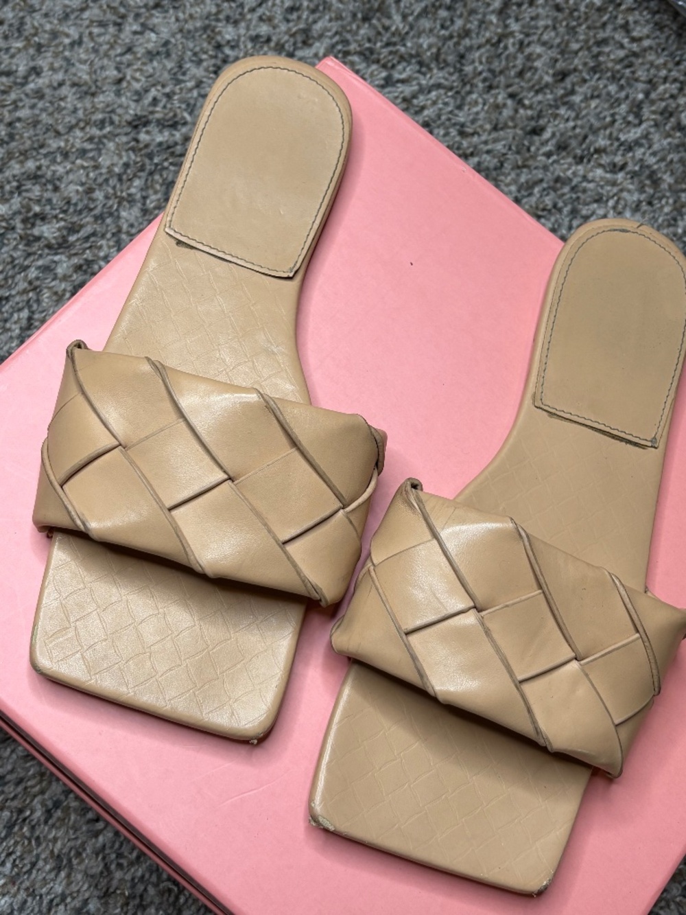 Nude Woven Strap Flat Sandals | Minimal Slide | Size 8.5